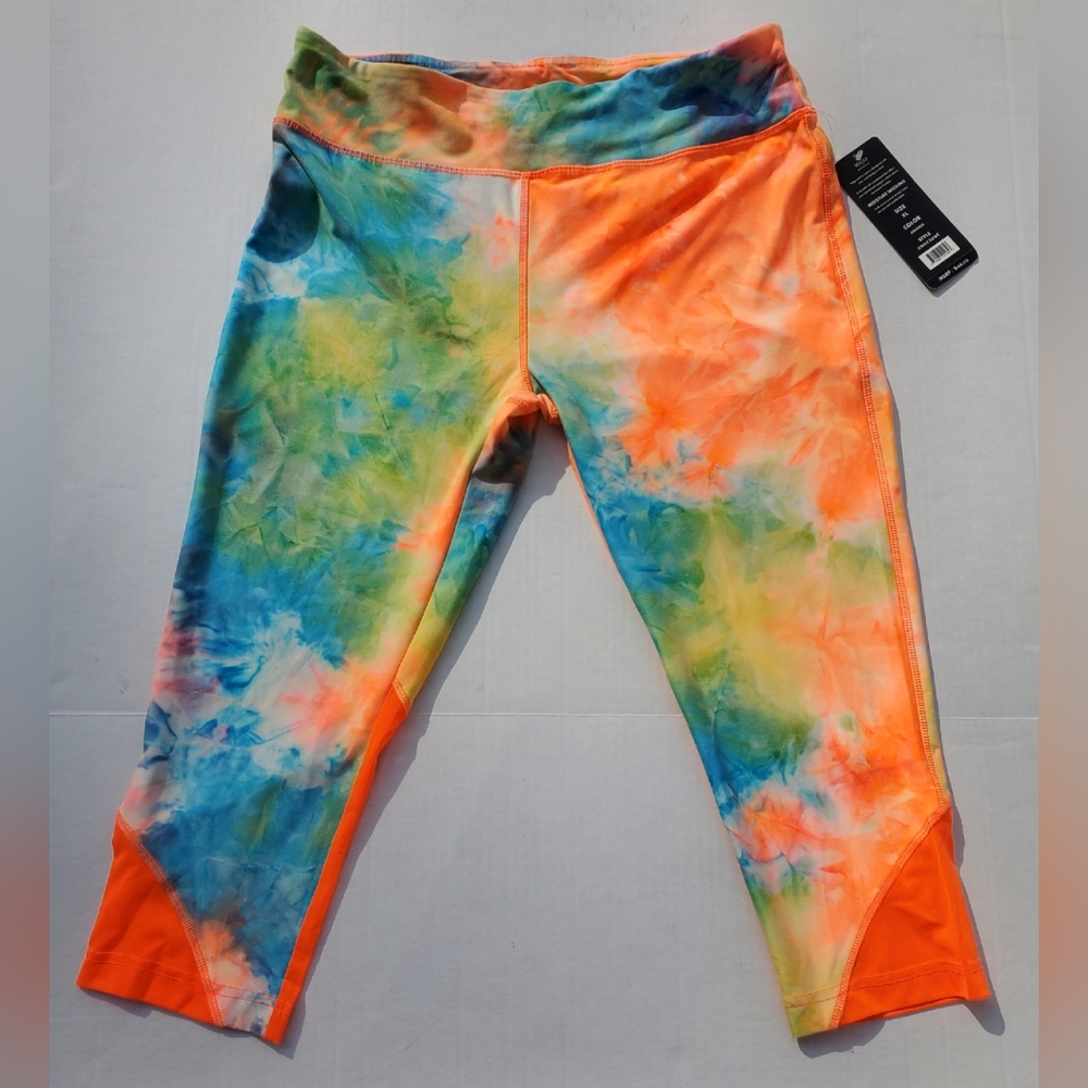 VOGO Athletica Orange and Blue Capri Leggings Moisture-Wicking Tie-Dye Sz XL